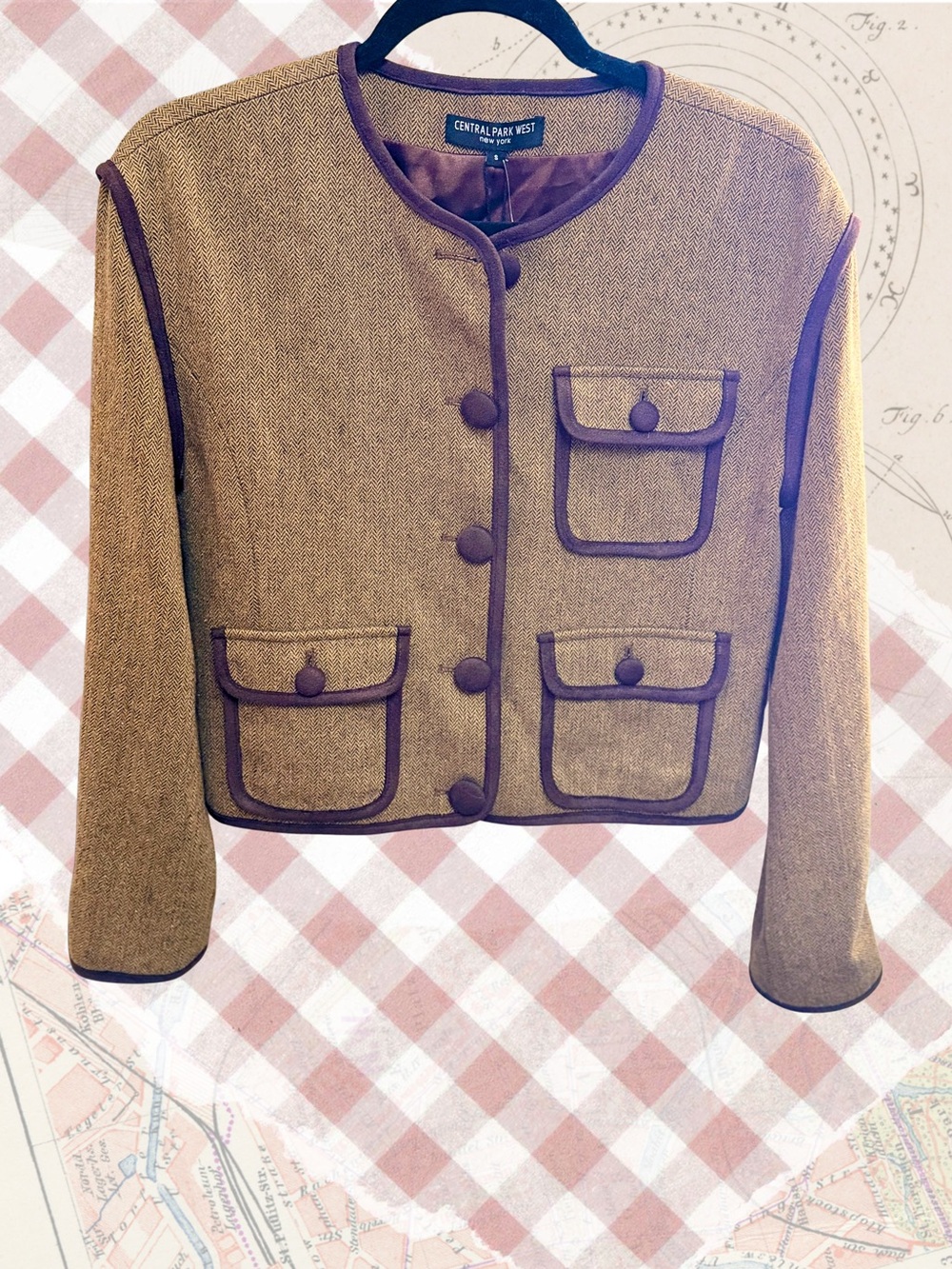 Central Park West Tan Tweed Cropped Jacket with Brown Trim